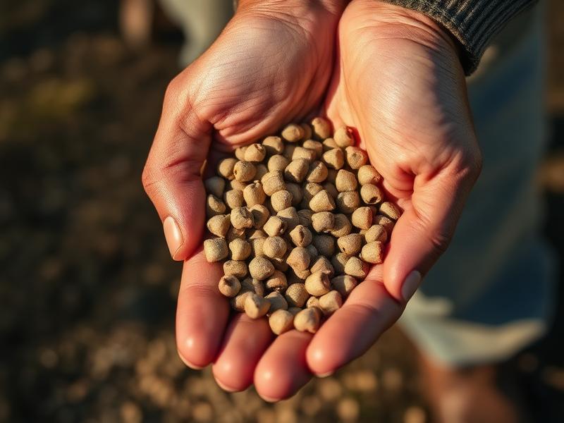 Trout feed pellets held in a farmer's hand